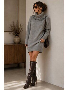 Sofia Cashmere 100% Cashmere Gray Fringe Turtleneck Tunic Sweater Size M